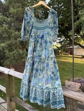 Blue Green Smocked Maxi Dress Puff Sleeve Square Neck Boho Cottagecore Floral S