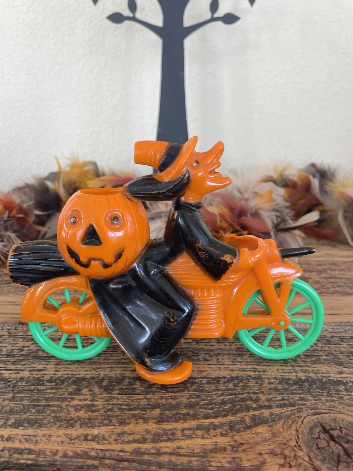 Rosbro Witch on Motorcycle Candy Container Vintage 1940s 50s Plastic Halloween