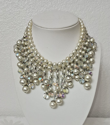 Vintage Vendome 2 Rows Faux Pearl and AB Crystal Dangle Statement Necklace