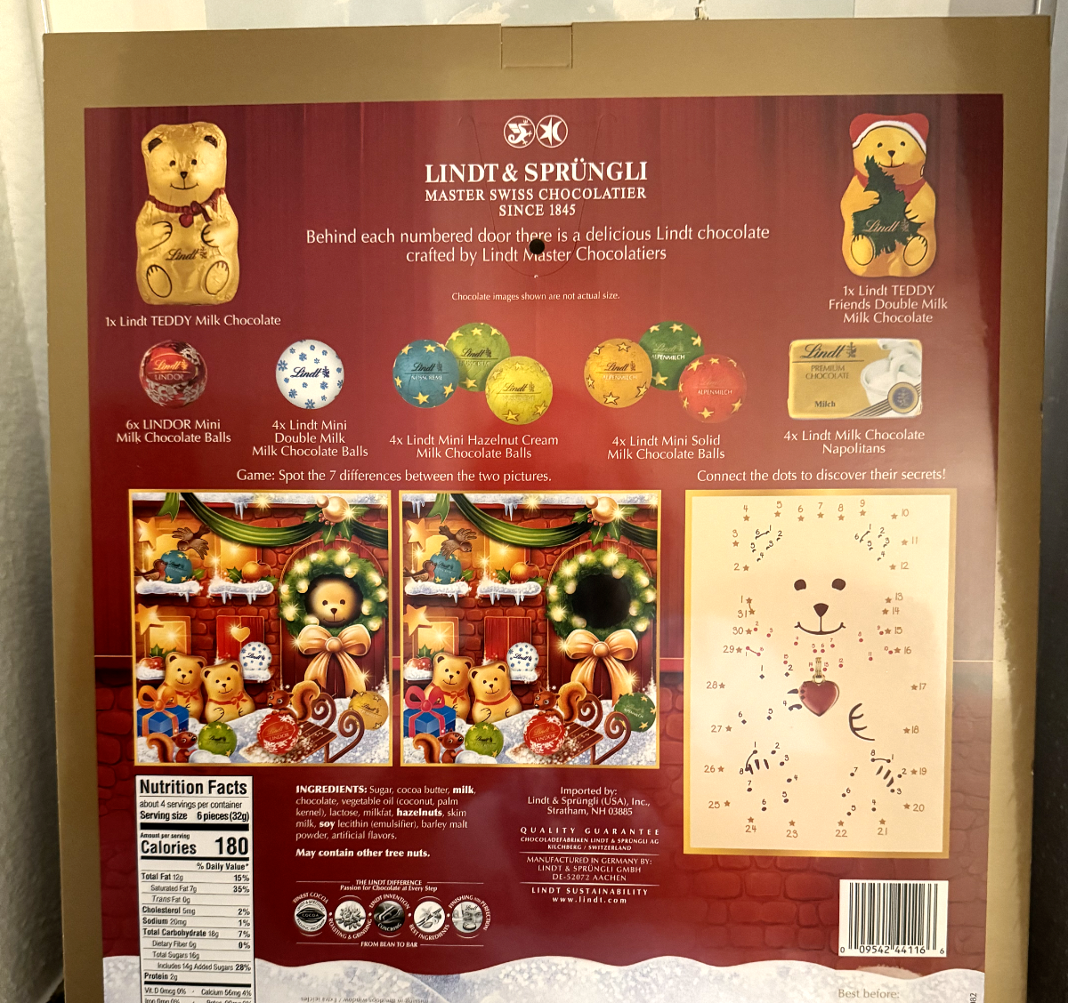 LINDT Holiday Teddy Bear Chocolate Candy Advent Calendar 4.5 oz 4
