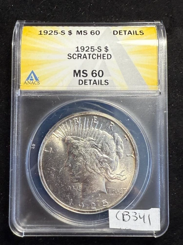 Light Edge TONING 1925 S Peace Silver Dollar $1 MS 60 ANACS Details cb341