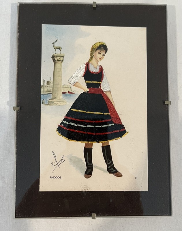 ELSI GUMIER Silk Embroidered Postcard Lady in Dress Greece Costume Rhodos