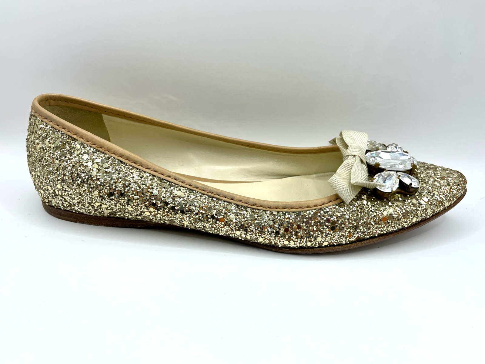 MIU MIU Gold Glitter Flat Shoes with Rhinestone Women… Gem