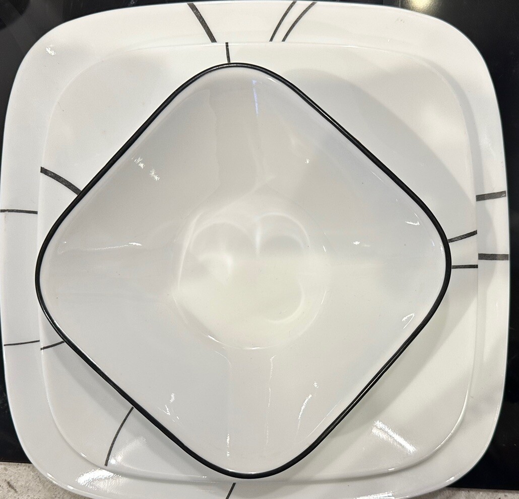 26~Corelle 8 Place Settings Simple Lines Square Dinner Salad Plates Bowls EUC