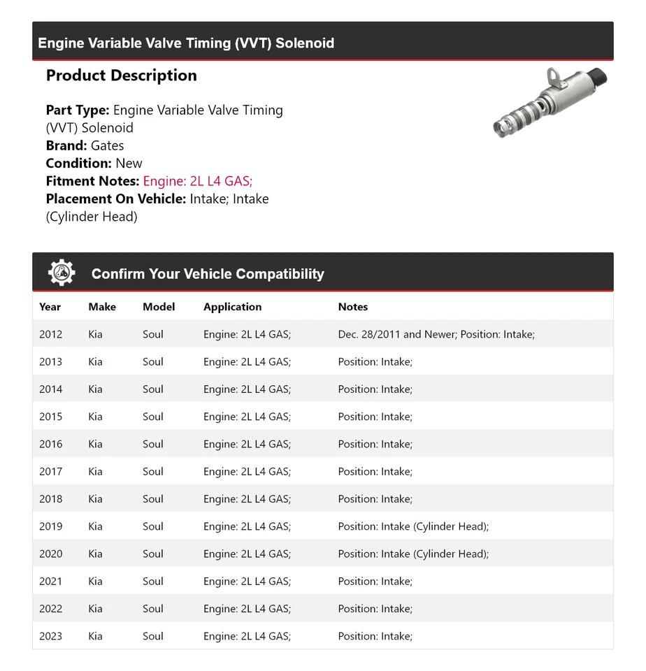 Соленоидные ворота для газового двигателя Kia Soul 2 л L4 2012-2023 годов выпуска 2013 2014 2015 2016 годов выпуска - Изображение 2 из 4