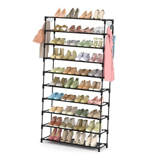10-Tier Tall Shoe Rack Holds 50 Pairs Sturdy Black Space-Saving Organizer