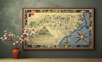 Pictorial Map of North Carolina for Nature Lovers Wall Art Poster