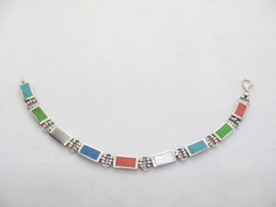 925 Sterling Silber Perle Türkis Grün Rosa Intarsien Stein Gliederkette Armband