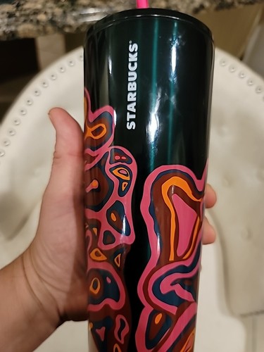 Vaso Starbucks Verde Metal Rosa Naranja Doodle Lava Mármol Abstracto 24oz - Imagen 9 de 9