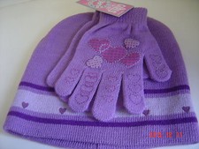 2 PC Set Knit HAT  GLOVES Purple Pink Heart NW CAP WINTER Beanie Girl SZ 4 - 6