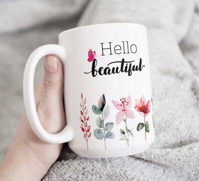 Hello Beautiful Coffee Mug, Red Flowers Garden 15 Oz Ceramic Cup by Mugzan