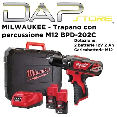 MILWAUKEE - Trapano avvitatore con percussione M12 BPD-202C + 2 batterie M12 2Ah