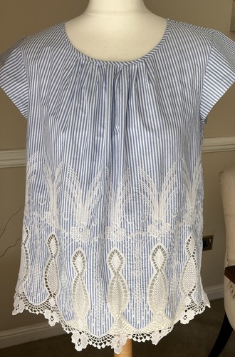 Stunning Liz Claiborne Cotton Blue Stripe Crotchet Lace Top Blouse Small 10, 12 - Picture 2 of 12