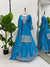 Stylish Look Chinnon Silk Blue Top Lehenga With Dupatta For Ethnic Wear
