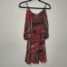 American Eagle Red Patchwork Cold Shoulder Mini Dress XS Boho Floral Smock