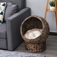 Handwoven Elevated Cat Bed with Rotating Basket and Soft Cushion, Wicker Cat Egg