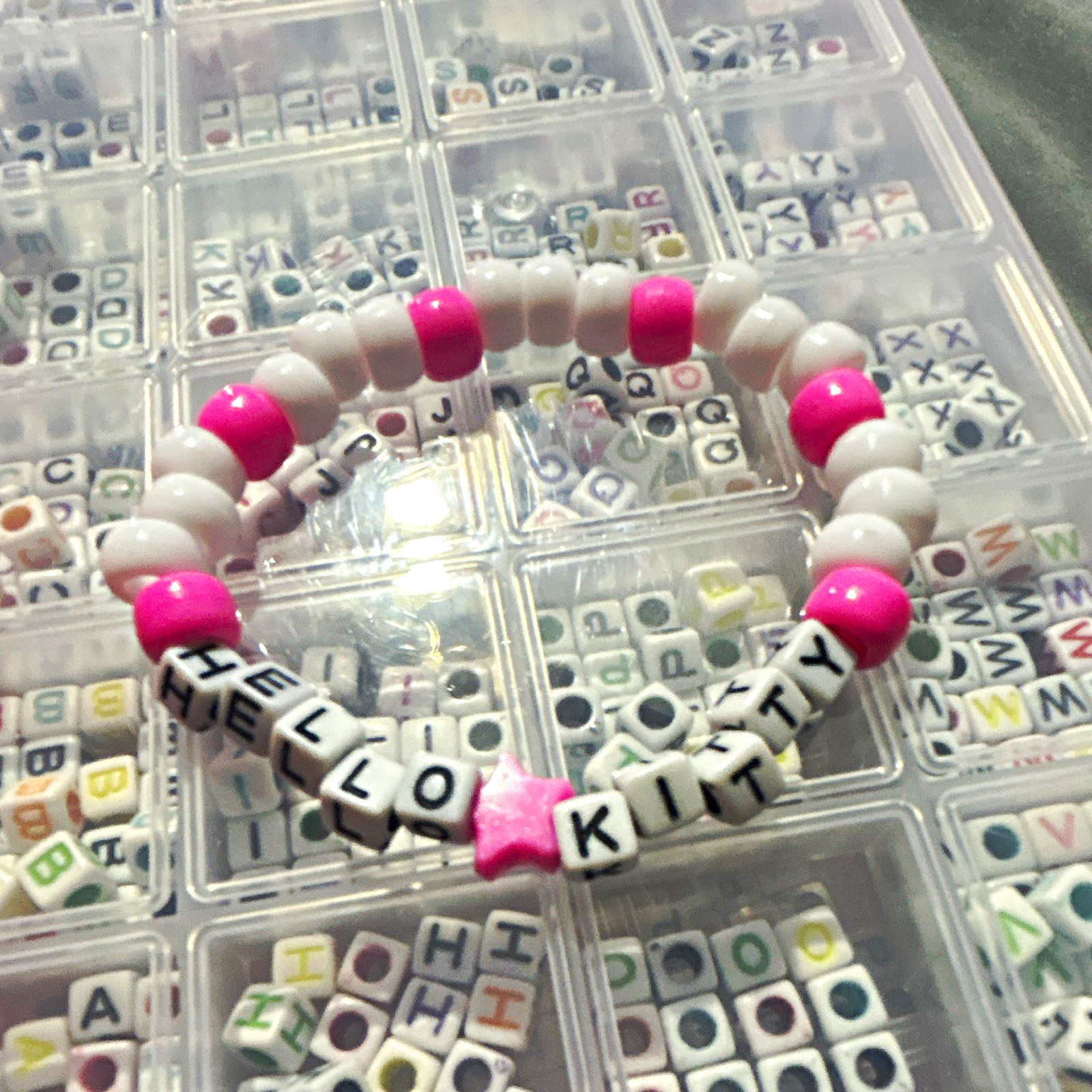 Pink & White Plastic Beaded Stretch Bracelet w/ Personalized Letter Name Beads