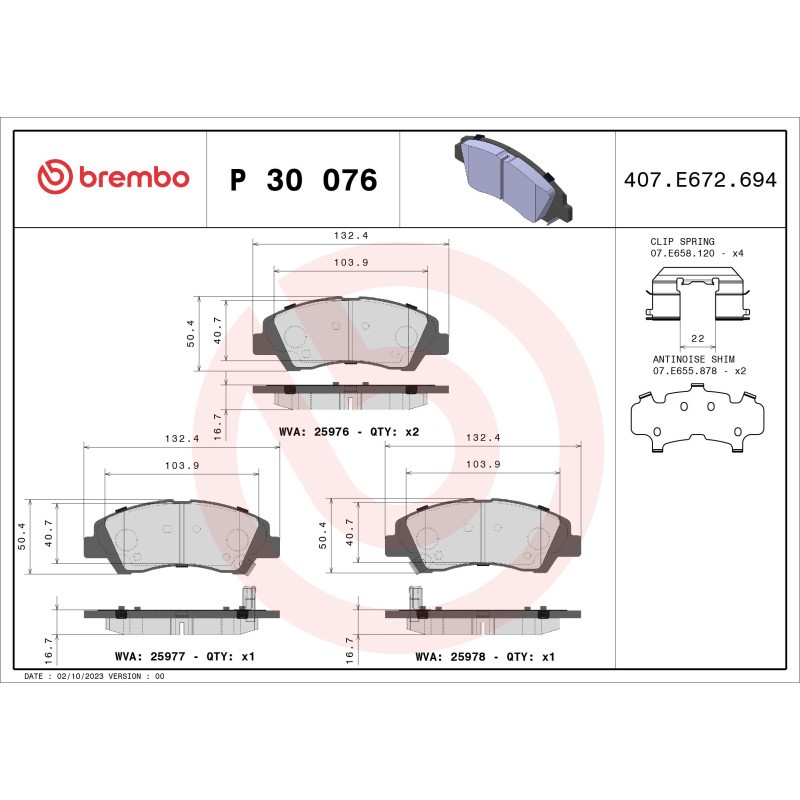 BREMBO P 30 076 Brake Pads Set Front for Hyundai i10