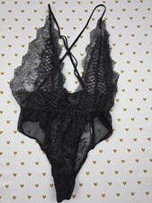 Victorias Secret Black Sheer Strappy Lace Bodysuit Teddy MEDIUM Cheeky Lingerie
