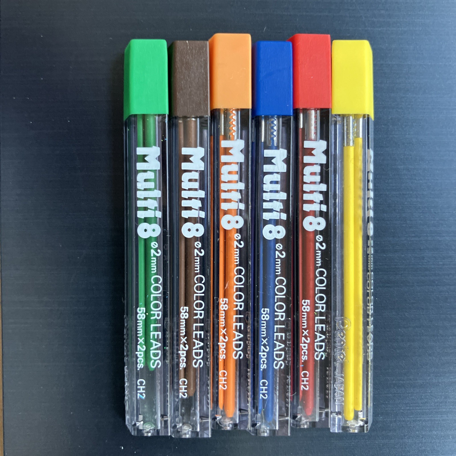 6 Pentel Multi 8 2mm  Color Leads CH2-Yellow Red Blue Orange Brown Green
