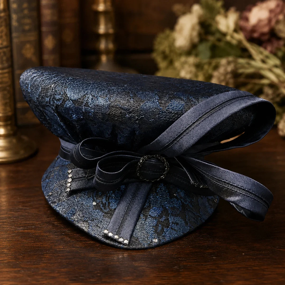 Jolly J for Sylvia Navy Blue Fascinator Hat with Mesh Rose and Rhinestone Accent Navy Large Sinamay Disk Wedding Fascinator main image 4