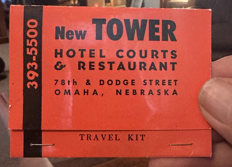 Omaha Nebraska Matchbook ‘style’ Travel Kit NEW TOWER MOTEL 78th & Dodge