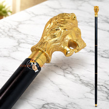 Antique Brass Victorian Golden Lion Head Handle Wooden Walking Stick Cane Gift