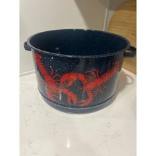 Navy Blue Speckled Enamelware Lobster Steamer Pot with Red Lobster Graphics