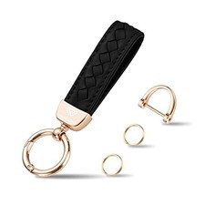 Genuine Leather Car Keychain, Handmade Knit Sheepskin Key chains for Black