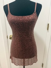 H.I.P Sequin Mini Dress XS Brown Copper Slip Bodycon Spaghetti Strap Y2K Party