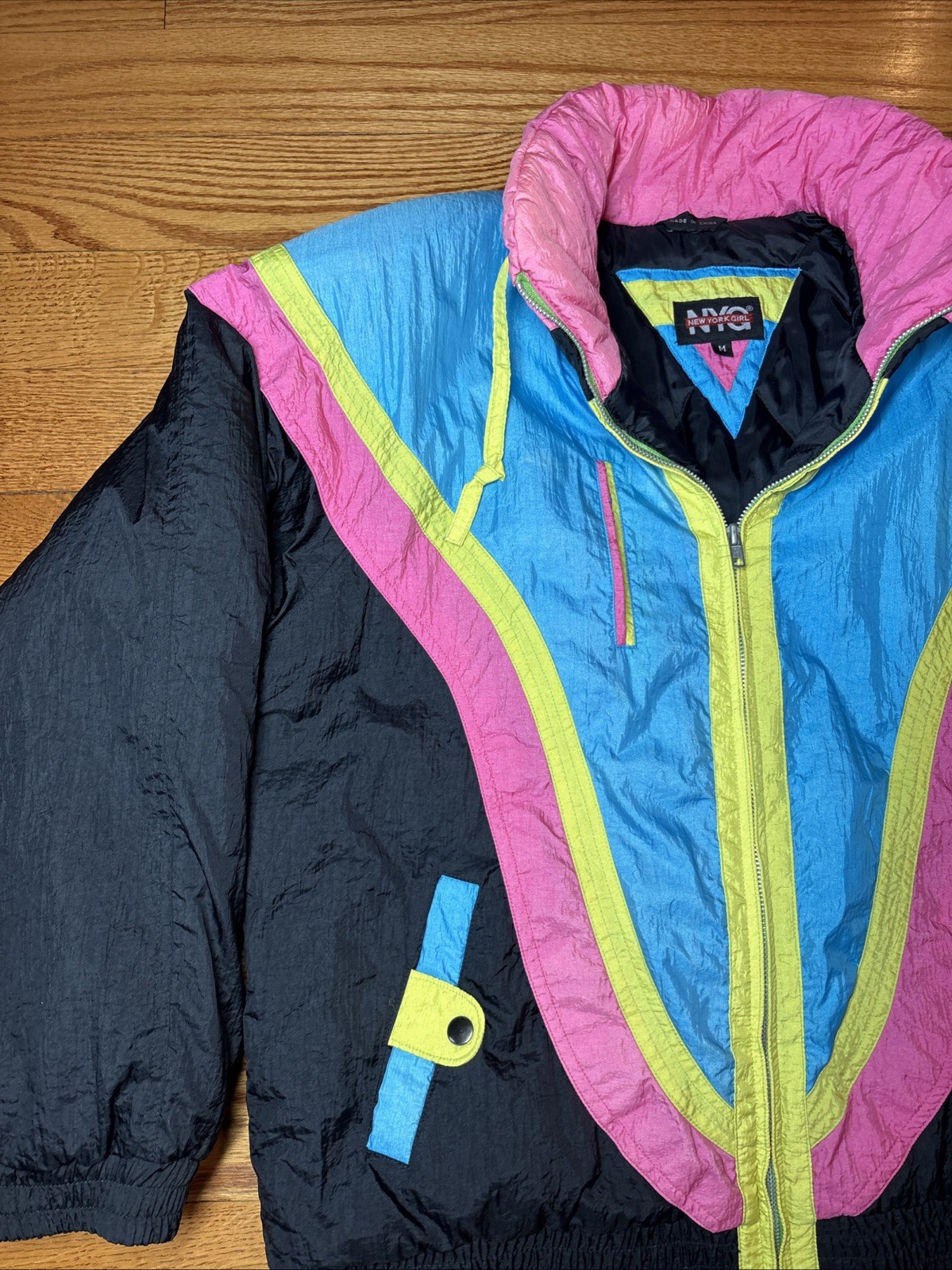 Vtg Rare Retro NY Girl 1980s Neon Puffer Ski Jacket Coat Zip Medium Unisex image 3
