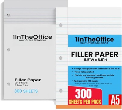 5.5 x 8.5 Paper Mini Binder Paper 3 Hole, 5x8 College Filler paper (300 sheets)