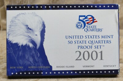 2001 -S United States Mint 50 State Quarters Proof Set 5 Coins White COA