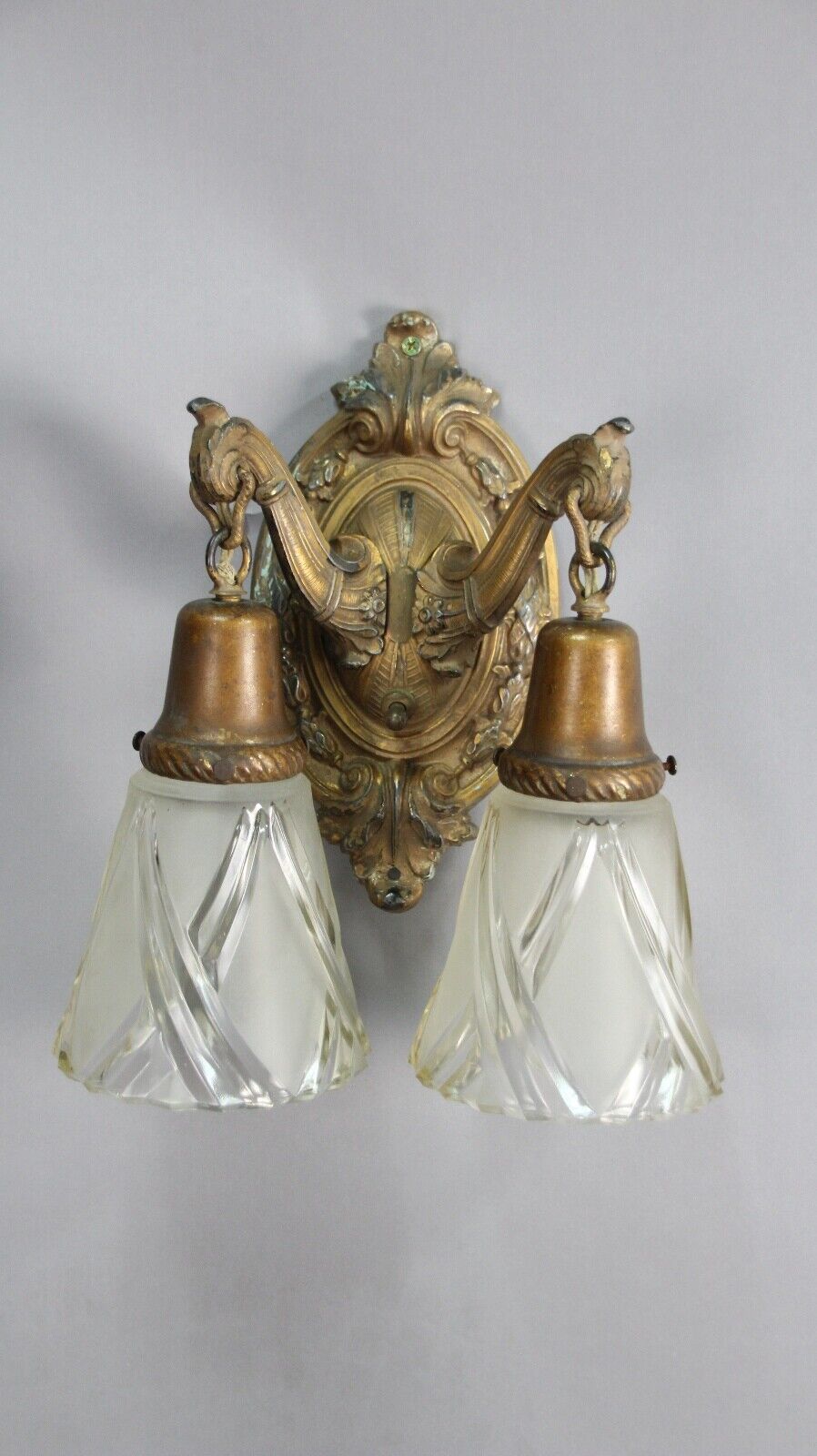Antique Pair Of Double  Spanish Revival Gothic Tudor Sconces W Glass 13783