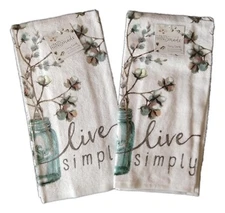 Set of 2 LIVE SIMPLY Cotton Bolls Terry Kitchen Towels by Kay Dee Designs
