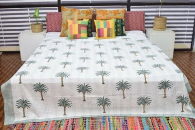 Indian Queen Baumwolle Kantha Quilt Überwurf Decke Hand Palme Überwurf Decke