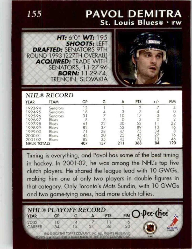 2002-03 O-Pee-Chee Pavol Demitra #155 - Image 2 of 2
