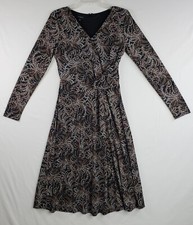 Talbots Brown Black Multi Faux Wrap Side Ruched Stretch Midi Dress Size Small 