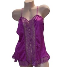 Vintage Purple Shiny Satin Lace Trim Button Nightie Nightgown Womens