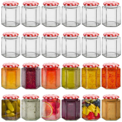 HEFTMAN 24 x Small Glass Jam Jars Airtight 250ml Hexagonal Lid Honey Preserve