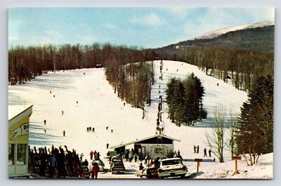 Postcard Toll House T-Bar, Mt. Mansfield, Stowe, Vermont, Skiing Lodge Lift Auto