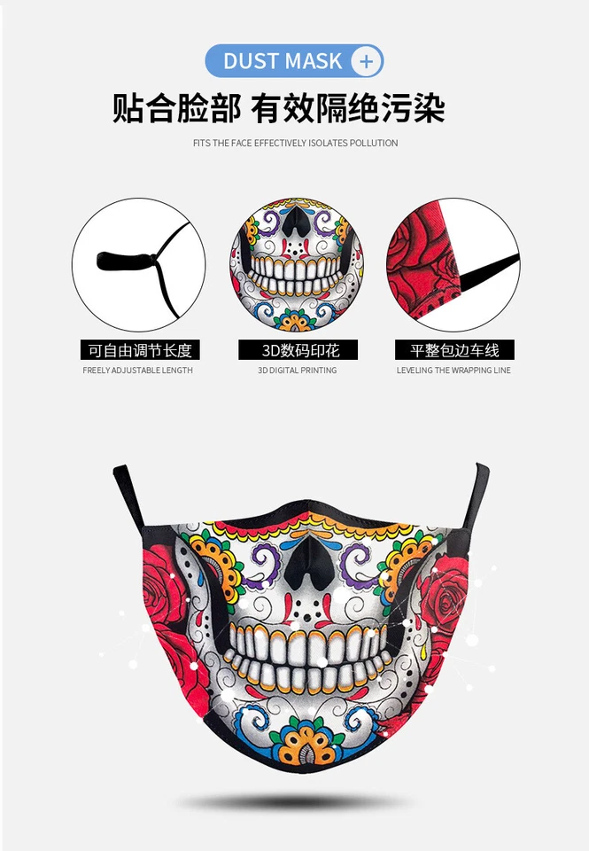 Adult Unisex Adjustable Reusable Skull Theme Face Masks Protective 3D Facemasks - Image 3 of 4