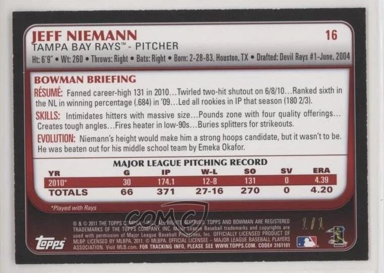 2011 Bowman Red 1/1 Jeff Niemann #16 6i1 - Image 2 of 3