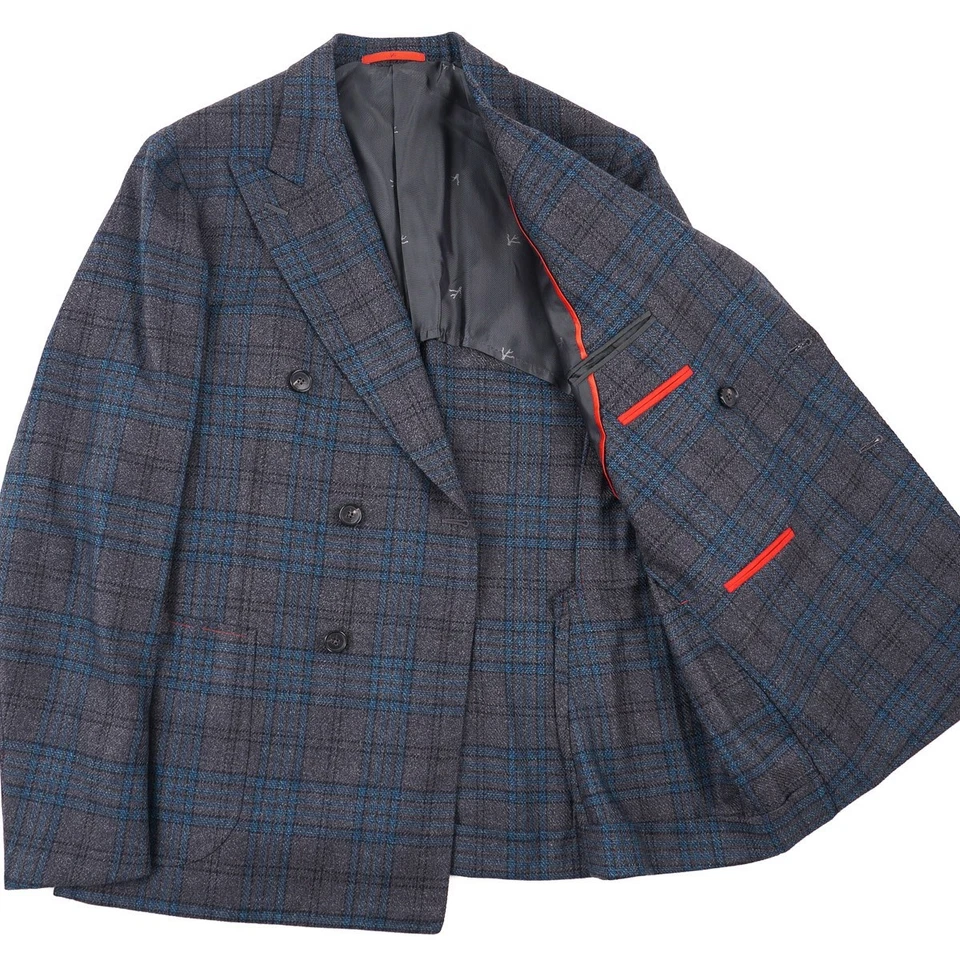 Abrigo deportivo Isaia 'Capri' gris-azul turquesa a cuadros lana-seda 40R (UE 50) NUEVO CON ETIQUETAS Foto 2 de 4