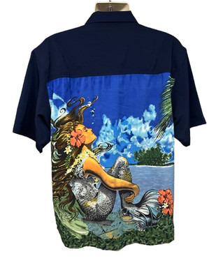 Vintage Mens Blue Giant Graphic Mermaid Island Girl Button Up Camp Shirt Large