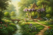 Gazebo Nature Flowers Painting Wall Art Print Printed On Canvas Artprint