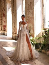 Sexy Side-Slit WeddingDress Elegant Lace Bridal Gown Romantic Aline Floor-Length