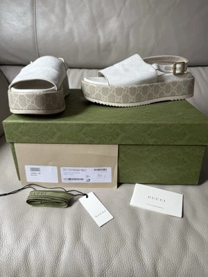 Authentic GUCCI GG Flatform Wedge Sandals White Grey Beige Guccissima 39.5/6.5 - Image 1 of 4