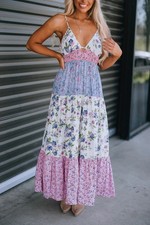 Angie Womens Patchwork Floral Cottagecore Tiered Maxi Dress Small Boho Smocked