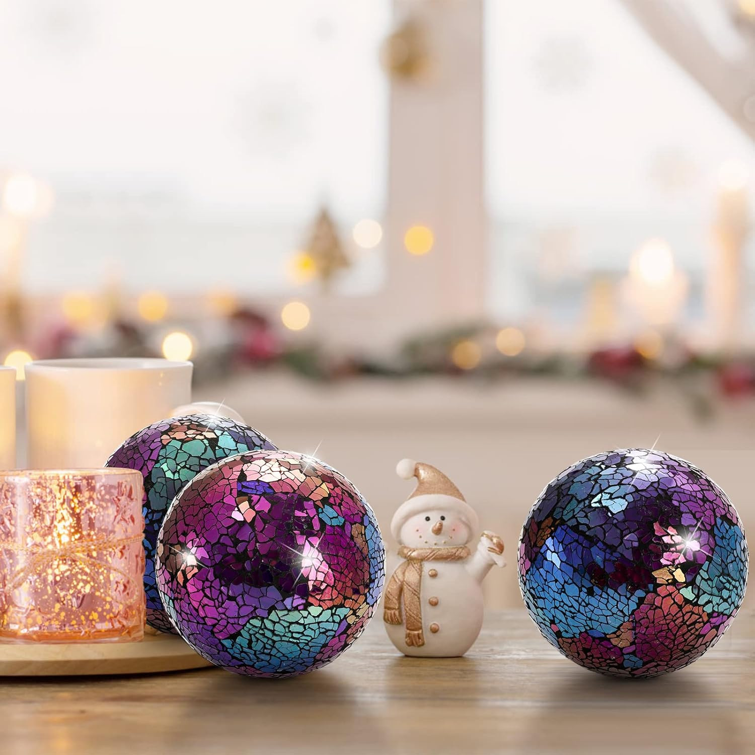 3 Pack Decorative Glass Balls, 4 Inch Colorful Glass Mosaic Orbs Sphere